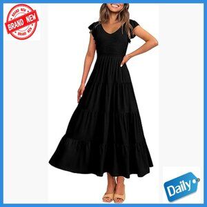 Summer Maxi Dress V-Neck Cap Sleeve Smocked Top Flowy Beach Sundress